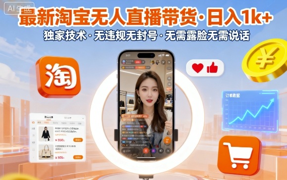 最新淘宝无人直播带货，日入1k+，独家技术，无违规无封号，无需露脸无需说话【揭秘】-摇钱述