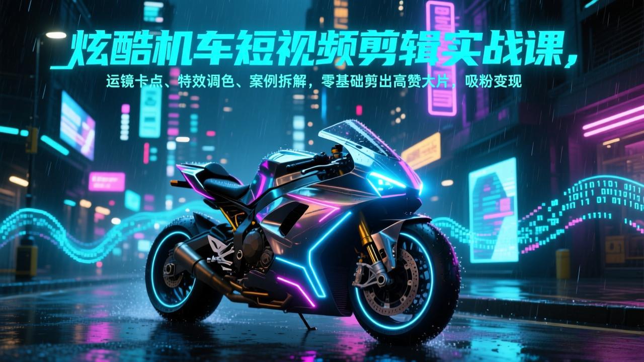 炫酷机车短视频剪辑实战课，运镜卡点、特效调色、案例拆解，零基础剪出高赞大片，吸粉变现-摇钱述