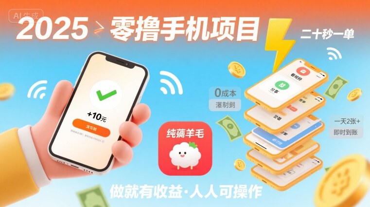 2025年零撸手机项目，二十秒一单，纯薅羊毛 一天2张+做就有-摇钱述
