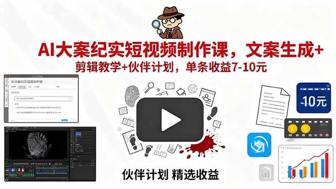 AI大案纪实短视频制作课，文案生成+剪辑教学+伙伴计划，单条收益7-10元-摇钱述