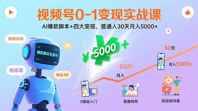 视频号0-1变现实战课：AI爆款脚本+四大变现，普通人30天月入5000+-摇钱述