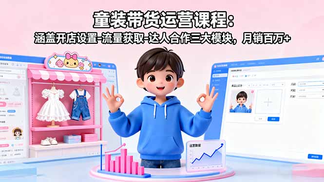 童装带货运营课程：涵盖开店设置-流量获取-达人合作三大模块，月销百万+-摇钱述