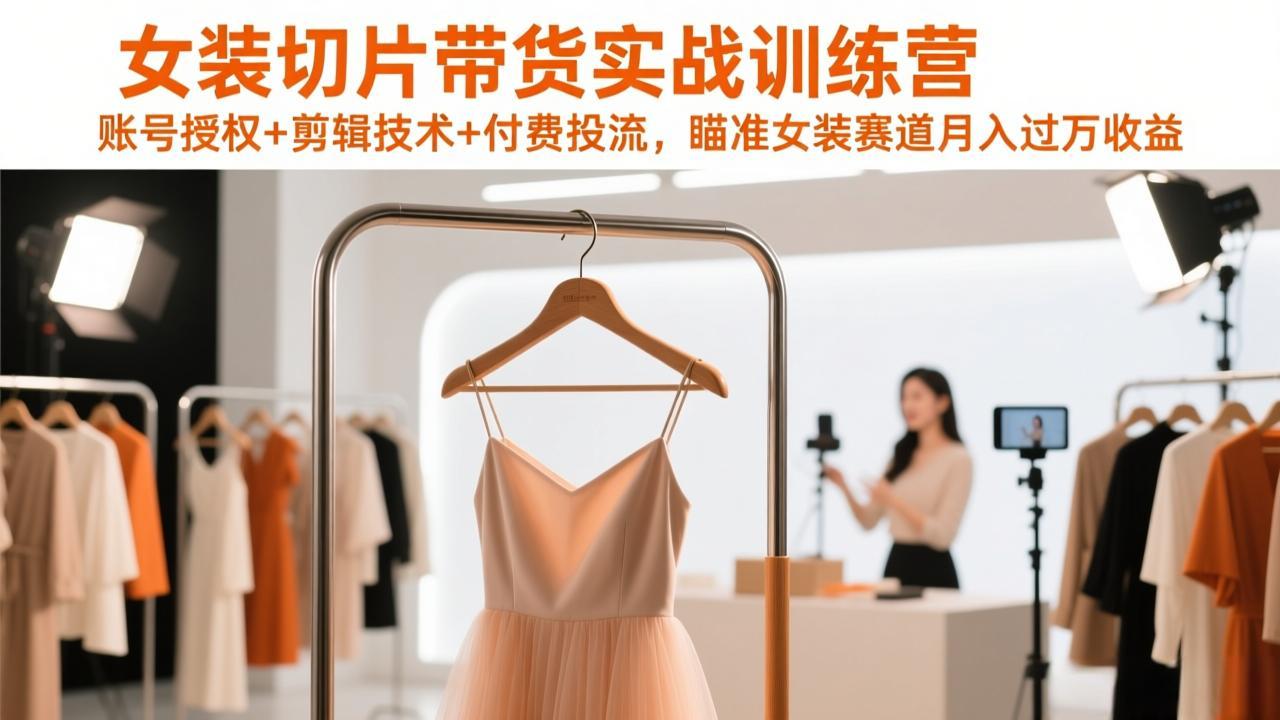 女装切片带货实战训练营，账号授权+剪辑技术+付费投流，瞄准女装赛道月入过万收益-摇钱述