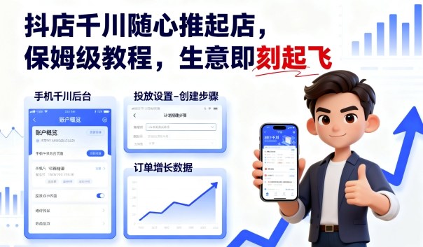 抖店千川随心推起店，保姆级教程，生意即刻起飞-摇钱述