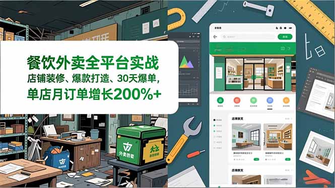 餐饮外卖全平台实战，店铺装修、爆款打造、30天爆单，手把手教学，单店月订单增长200%+-摇钱述
