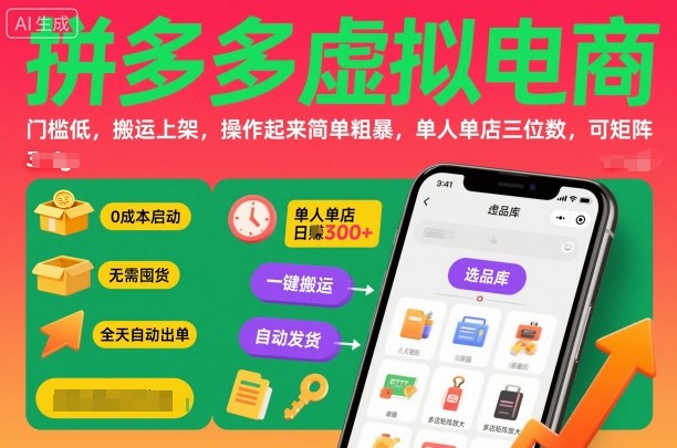 拼多多虚拟电商，门槛低，搬运上架，操作起来简单粗暴，单人单店三位数，可矩阵-摇钱述