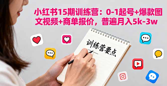 小红书15期训练营：0-1起号+爆款图文视频+商单报价，普遍月入5k-3w-摇钱述