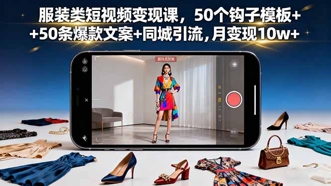 服装类短视频变现课，50个钩子模板+50条爆款文案+同城引流，月变现10w+-摇钱述