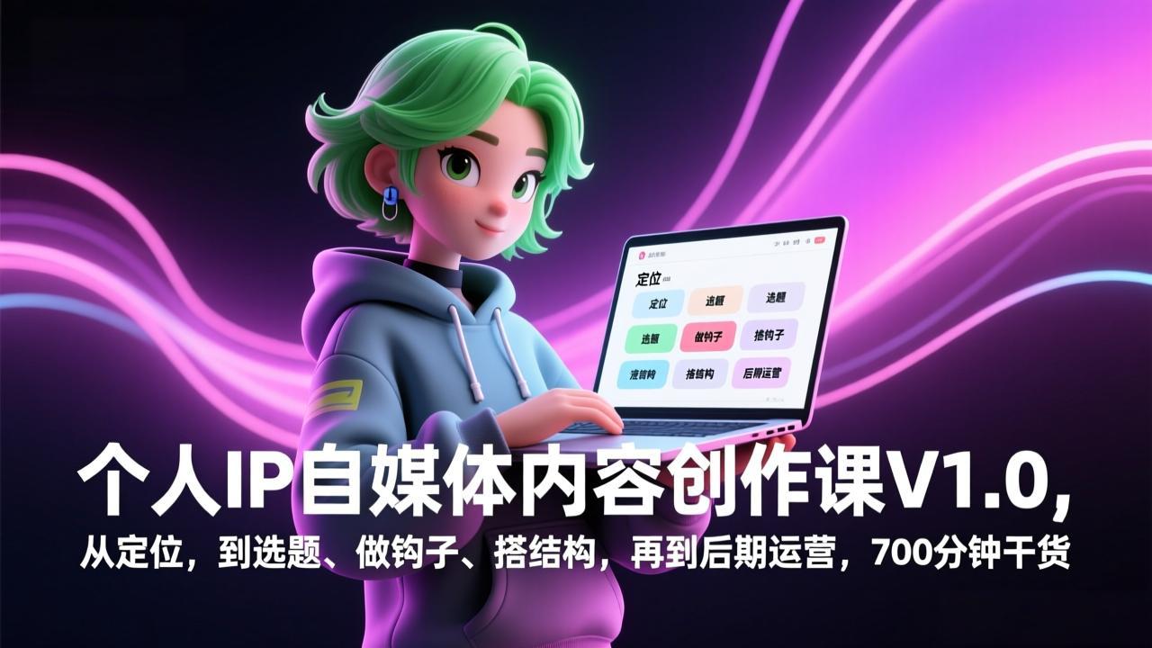 个人IP自媒体内容创作课V1.0，从定位，到选题、做钩子、搭结构，再到后期运营，700分钟干货-摇钱述