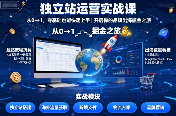 独立站运营实战课，从0到1，零基础也能快速上手，开启你的品牌出海掘金之旅-摇钱述
