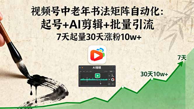 视频号中老年书法矩阵自动化：起号+AI剪辑+批量引流 7天起量30天涨粉10w+-摇钱述