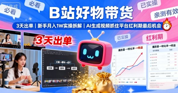 B站好物带货，3天出单，新手月入1W实操拆解，AI生成视频，抓住平台红利期最后机会-摇钱述