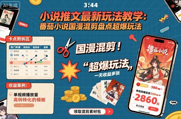 小说推文最新玩法教学，番茄小说国漫混剪盘点超爆玩法，全程干货，一天收益多张-摇钱述