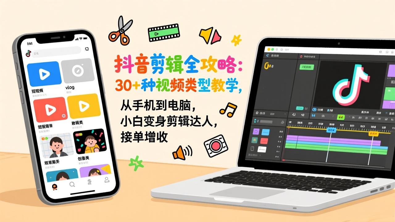 抖音剪辑全攻略：30+种视频类型教学，从手机到电脑，小白变身剪辑达人，接单增收-摇钱述