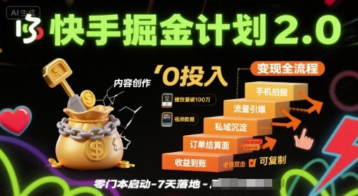 快手掘金计划2.0，快手电商变现全流程，简单可复制，0投入-摇钱述