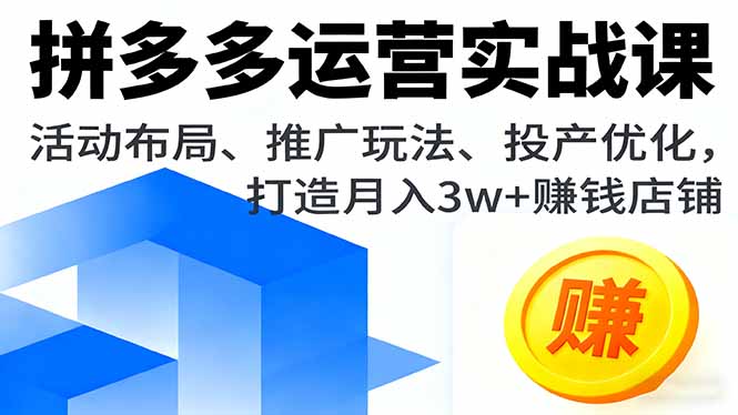 拼多多运营实战课，活动布局、推广玩法、投产优化，打造月入3w+赚钱店铺-摇钱述