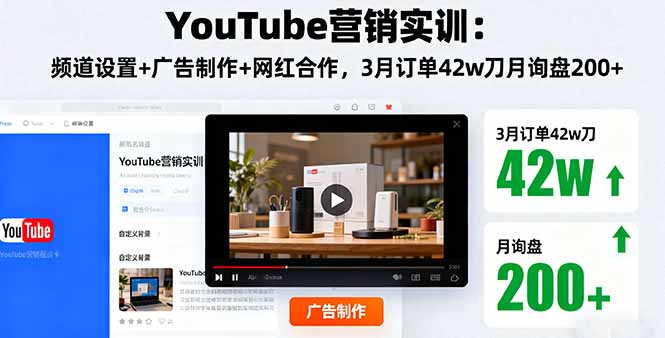 YouTube营销实训：频道设置+广告制作+网红合作，3月订单42w刀月询盘200+-摇钱述