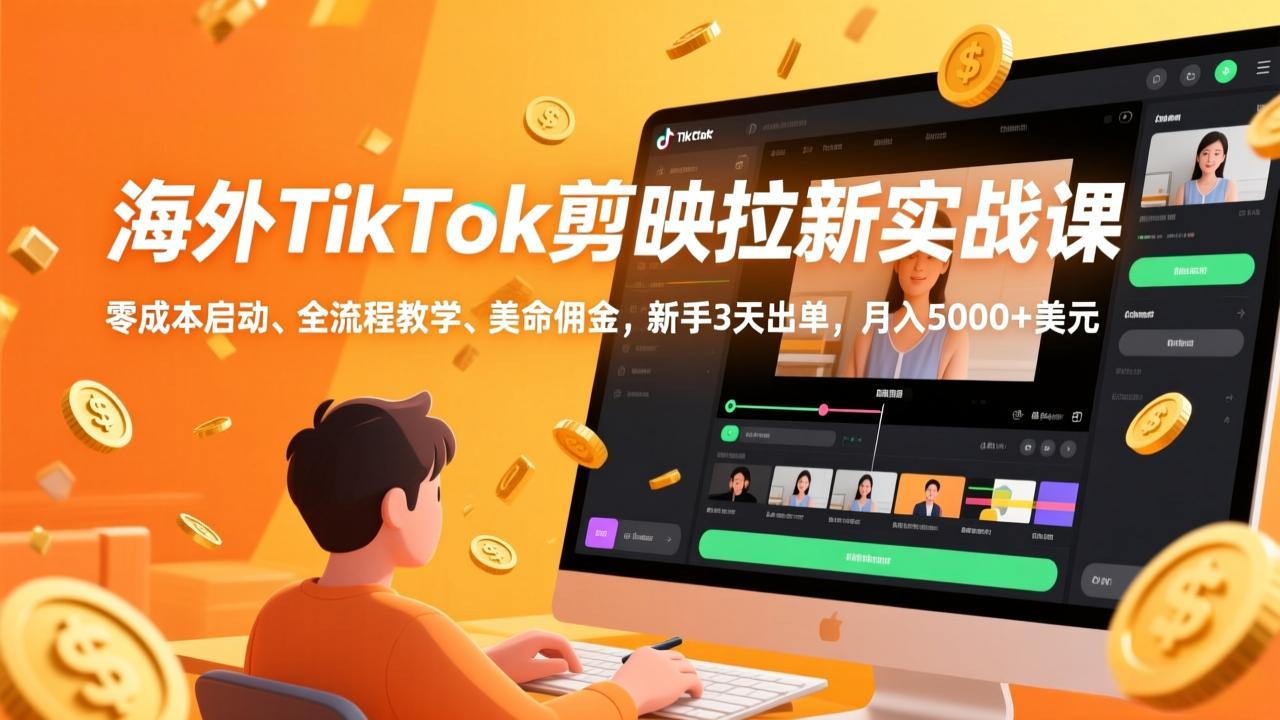 海外TikTok剪映拉新实战课，零成本启动、全流程教学、美金佣金，新手3天出单，月入5000+美元-摇钱述