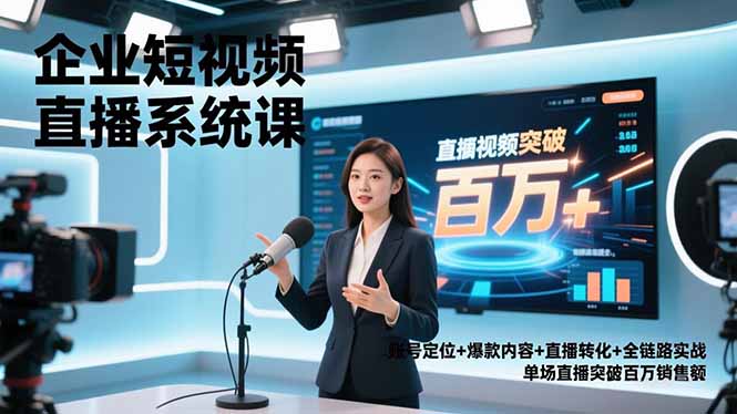 企业短视频直播系统课，账号定位+爆款内容+直播转化+全链路实战，单场直播突破百万销售额-摇钱述