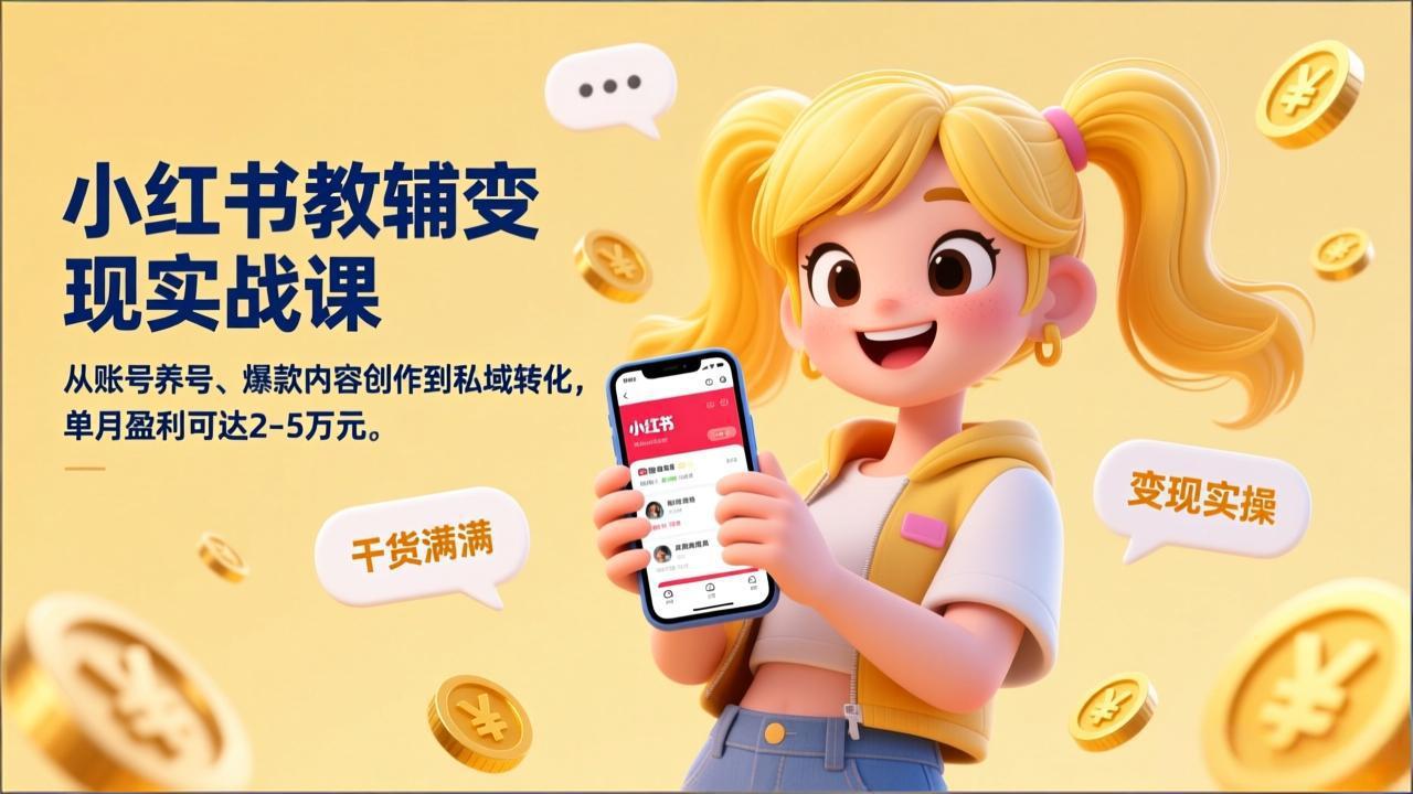 小红书教辅变现实战课，从账号养号、爆款内容创作到私域转化，单月盈利可达2-5万元-摇钱述