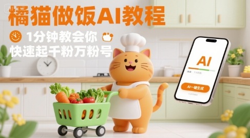 有趣的橘猫买菜做饭视频，用AI一键搞定，1分钟教会你，快速起千粉万粉号-摇钱述