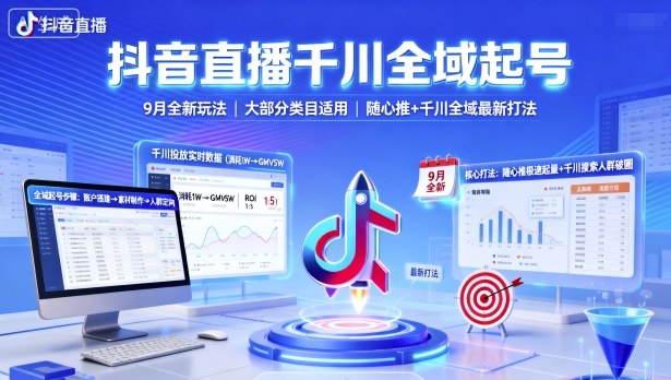 抖音直播千川全域起号，9月全新玩法，大部分类目适用，随心推以及千川全域最新打法-摇钱述