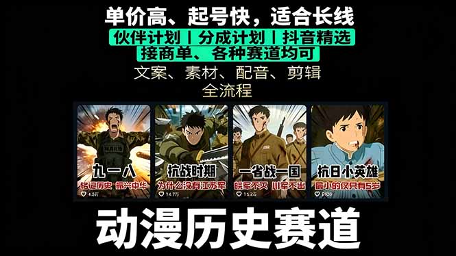 历史动漫赛道撸分成：起号、文案、素材、配音、剪辑，单视频收益破万-摇钱述
