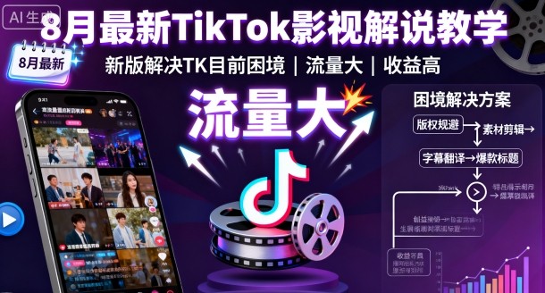 8月最新TikTok影视解说教学，新版解决TK目前困境，流量大，收益高-摇钱述