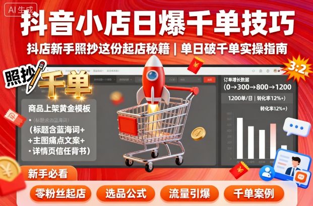 抖音小店日爆千单技巧，抖店新手照抄这份起店秘籍，单日破千单-摇钱述