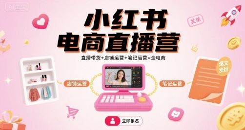 小红书电商直播营，直播带货+店铺运营+笔记运营=全电商-摇钱述