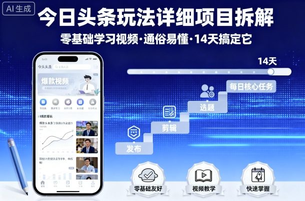 今日头条玩法详细项目拆解，零基础学习视频 通俗易懂 14天搞定它-摇钱述
