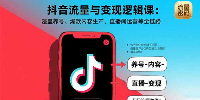 抖音流量与变现逻辑课：覆盖养号、爆款内容生产、直播间运营等全链路-摇钱述