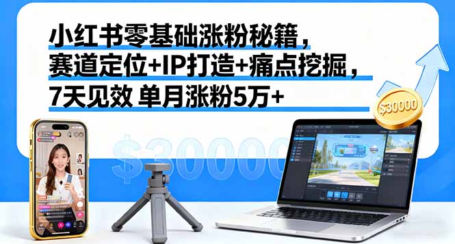 小红书零基础涨粉秘籍，赛道定位+IP打造+痛点挖掘，7天见效 单月涨粉5万+-摇钱述