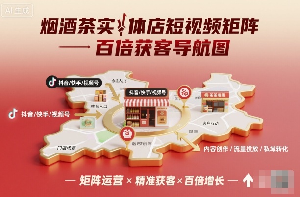 烟酒茶实体店短视频矩阵百倍获客导航图-摇钱述