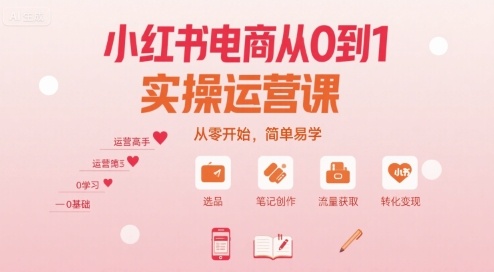 小红书电商从0到1实操运营课，从零开始，简单易学-摇钱述
