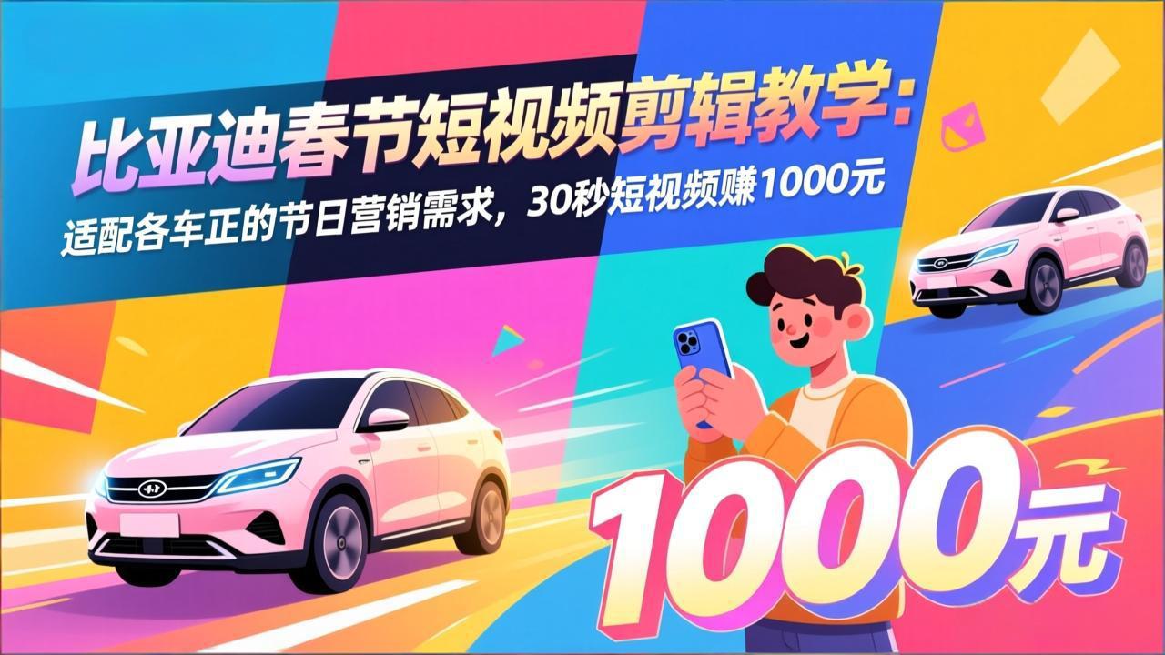 比亚迪春节短视频剪辑教学：适配各车企的节日营销需求，30秒短视频赚1000元-摇钱述