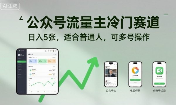 公众号流量主冷门赛道，日入5张，适合普通人，可多号操作-摇钱述