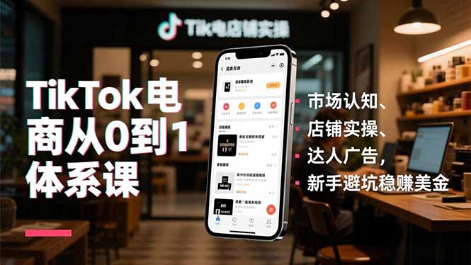 TikTok电商从0到1体系课，市场认知、店铺实操、达人广告，新手避坑稳赚美金-摇钱述