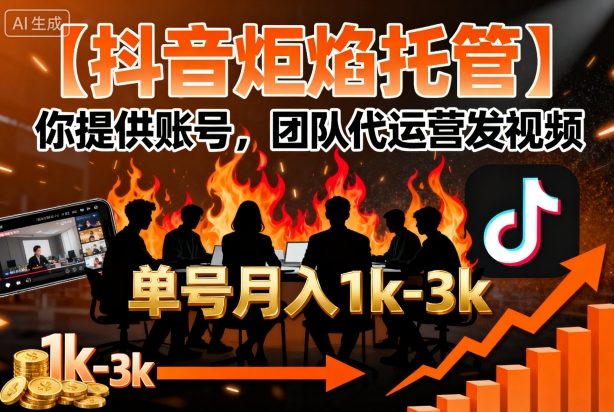 【抖音炬焰托管】你提供账号，团队代运营发视频，单号月入1k+【揭秘】-摇钱述