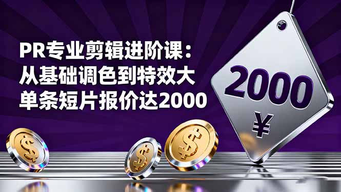 PR专业剪辑进阶课：从基础调色到特效大片的进阶技能，单条短片报价达2000-摇钱述