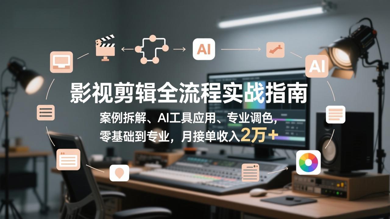 影视剪辑全流程实战指南，案例拆解、AI工具应用、专业调色，零基础到专业，月接单收入2万+-摇钱述