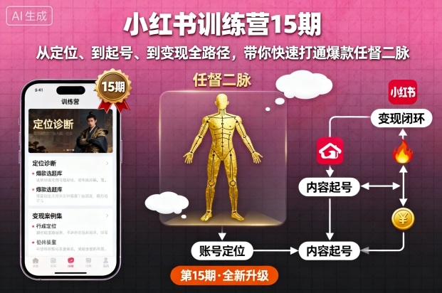 小红书训练营15期，从定位、到起号、到变现全路径，带你快速打通爆款任督二脉-摇钱述