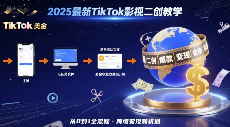 2025年最新TikTok影视二创教学，从注册到发布撸美金全流程，跨境变现新机遇-摇钱述